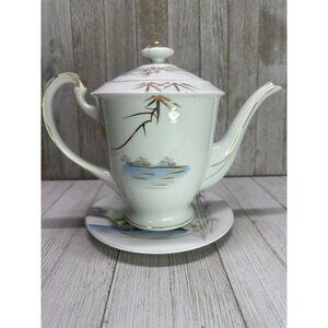 Vintage Kutani Ware Teapot 7" Tall & Plate 7" DIA Bamboo Village Golden Design